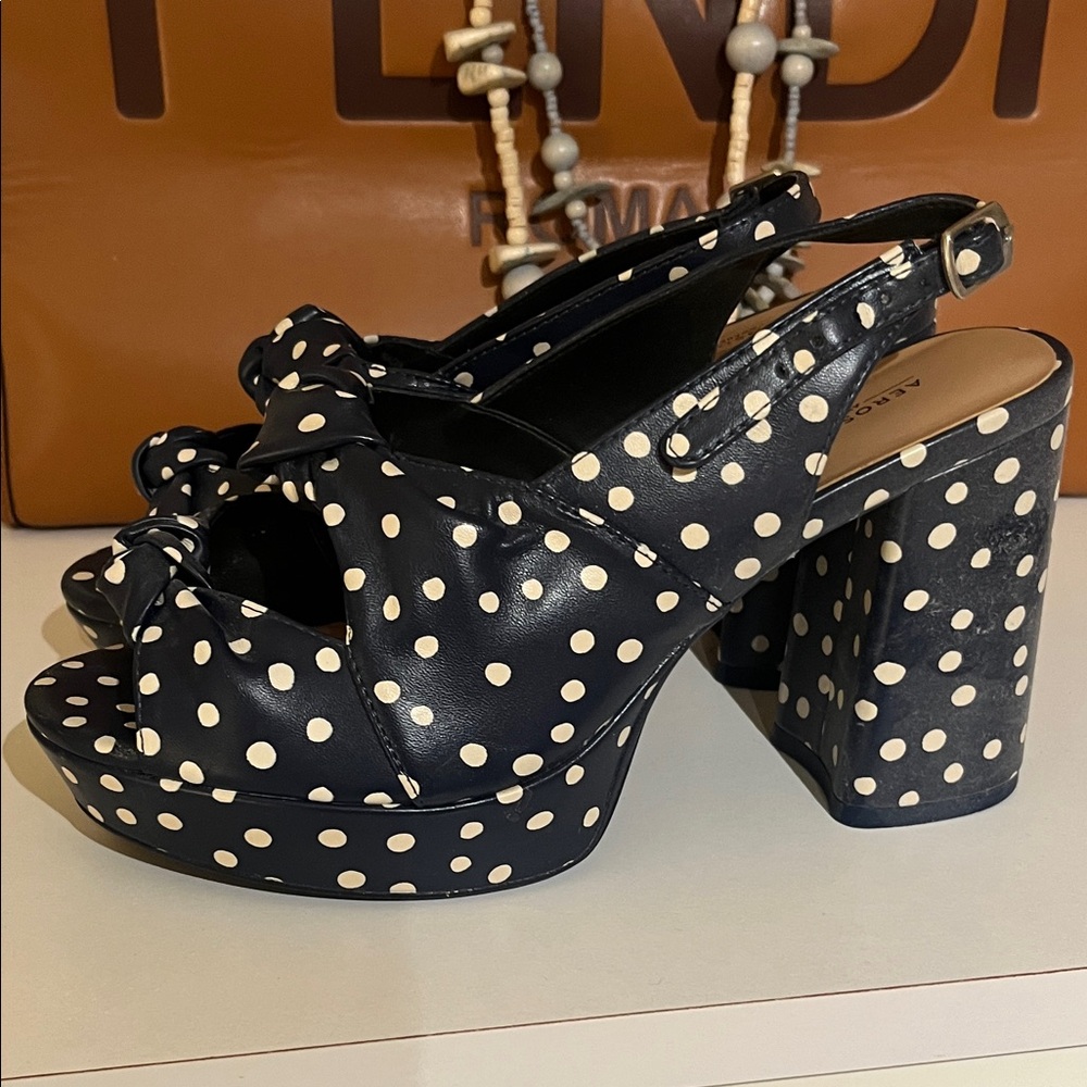 Aerosoles Navy and White Polka Dot Platform Sandals